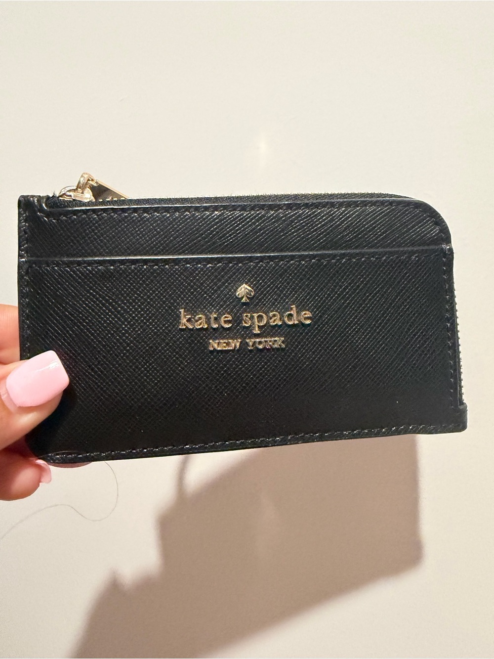 kate spade black leather card zippered wallet with gold logo